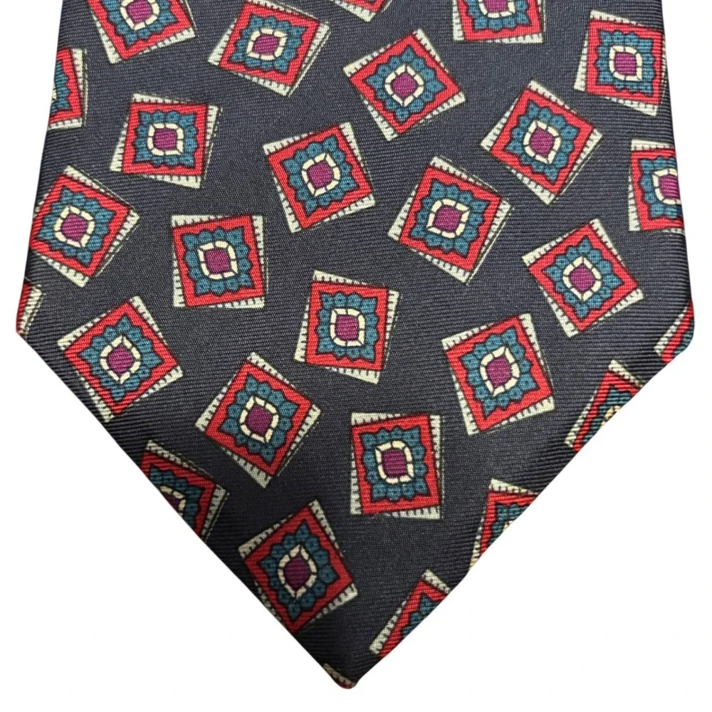 Oscar de la Renta Couture Collection Mens Silk Tie Navy Geometric Medallion USA‎